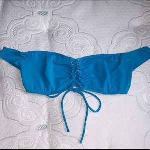 Blue tie front lace up swim top
